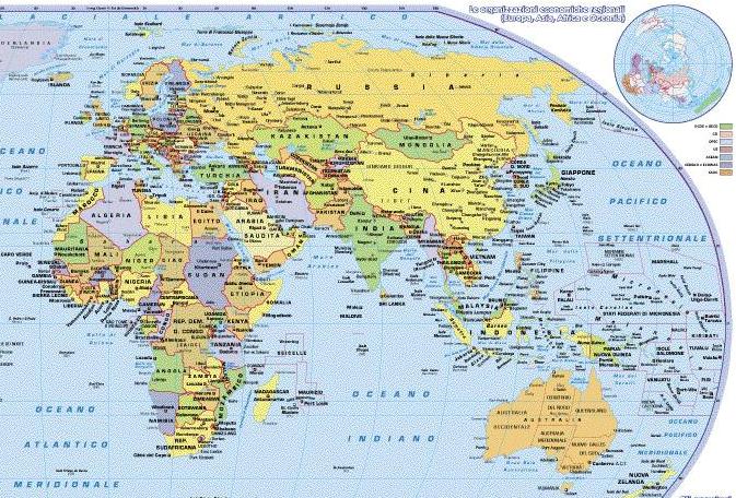 Mondo Politico Fisico Con Aste Carta Geografica Murale